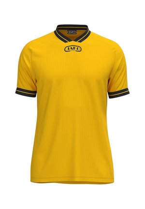 Maillot de sport jaune avec col et poignets noirs, avec le logo JAKO Sport sur la poitrine et à l'intérieur du col.