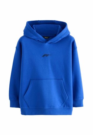Sweat à capuche bleu en tissu doux. Comprend une poche avant et un petit logo noir sur la poitrine. Coupe décontractée avec poignets côtelés.