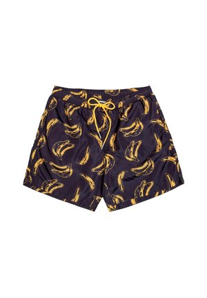 Costumi da bagno da uomo in tessuto viola scuro con un motivo di banane gialle. Presentano una vita elastica e un cordoncino giallo.
