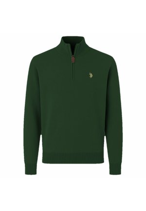 Dunkelgrüner Pullover mit langen Ärmeln, Viertel-Reißverschluss am Kragen und kleinem hellfarben besticktem Logo auf der linken Brust.