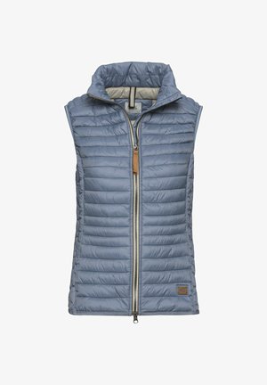 Light blue sleeveless quilted vest with front zipper and high collar, featuring a leather zipper pull and stitched logo patch near hem.