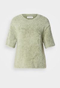 Short-sleeve, fuzzy pullover in light green. Soft texture, crew neck, relaxed fit, with a slightly loose silhouette and no visible hardware.