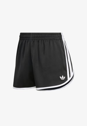 Black athletic shorts with white trim and three vertical stripes, featuring an elastic waistband and small logo on the lower front.