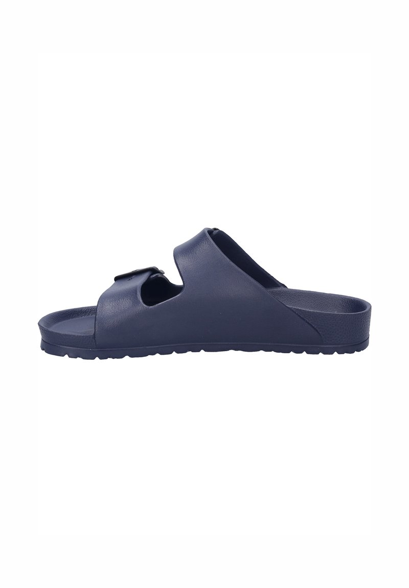 Sandales à enfiler bleu marine avec semelle texturée, boucle ajustable et design ouvert comportant des sections découpées pour une meilleure respirabilité.
