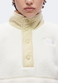 Κοντινή λήψη ενός ατόμου που φοράει μπουφάν fleece σε κρεμ απόχρωση με ψηλό γιακά και εμπρός κλείσιμο με κουμπιά, με το λογότυπο The North Face στο στήθος.