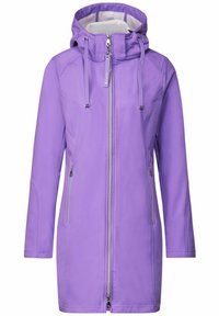 Lila vattentät jacka med huva, med en framdragkedja, sidofickor och dragsko. Slät textur och medellång design.