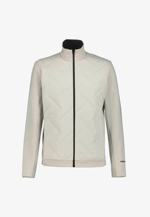 Hellgraue synthetische Jacke mit hohem Kragen, durchgehendem Reißverschluss, schwarzen Akzenten, gesteppter Musterung und elastischen Bündchen an den Handgelenken.