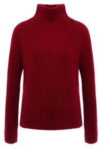 Pull rouge en maille avec col montant, texture côtelée et manches longues. Présente une coupe décontractée et des détails discrets de couture raglan.