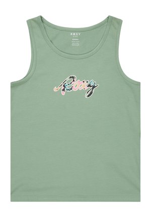 Lekka, zielona bezrękawnikowa koszulka dziewczęca z logo "Roxy" w wielokolorowy kwiatowy wzór na środku przodu.