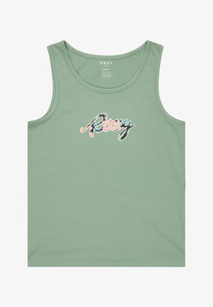 Débardeur sans manches vert clair pour fille avec le logo "Roxy" en motif floral multicolore au centre devant.