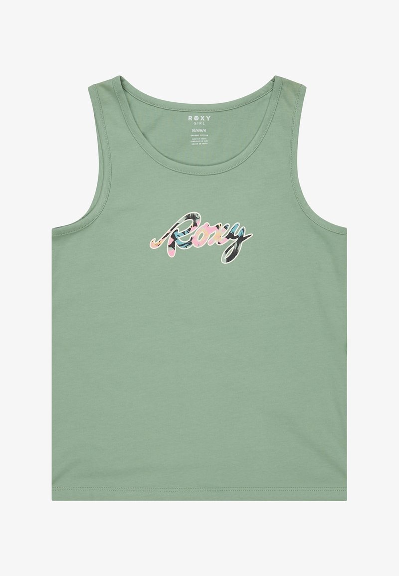 Débardeur sans manches vert clair pour fille avec le logo "Roxy" en motif floral multicolore au centre devant.