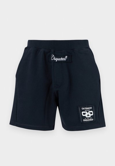 Shorts décontractés noirs avec taille élastique, poche plaquée avant ornée des logos "Catenacci Brothers" et "Dsquared2" sur la jambe droite.