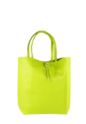 Lime green leather tote bag with a textured surface, two handles, and a drawstring closure at the top. Rectangular shape.