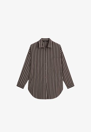 Striped button-up shirt in dark brown with thin white vertical stripes, featuring a collar, chest pocket, and long sleeves.