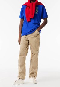 T-shirt en coton bleu avec un motif graphique vert, associé à un pantalon cargo beige avec des poches, et des baskets blanches. Pull rouge drapé autour du cou.