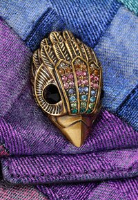Spilla tono oro a forma di viso di uccello, decorata con gemme di diversi colori. Presentata su uno sfondo in tessuto texturizzato viola e blu.
