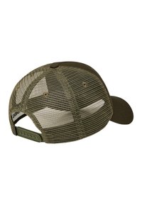 Gorra verde oliva con un panel frontal sólido y parte trasera de malla. Presenta una visera curva y un cierre ajustable a presión. Tejido texturizado con un patrón en cuadrícula.