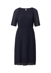 Robe plissée bleu marine avec des manches courtes, un col rond et une taille à cordon. Présente un dos en forme de trou de serrure et une texture de tissu fluide.
