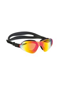 Zwembril met een zwarte band, gebogen, semi-randloze lenzen met een gradient van gele, oranje en roze reflecterende kleuren.