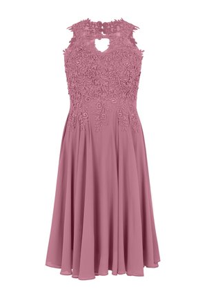 Ärmelloses Kleid in staubrosé mit floraler Spitzenoberseite, Ausschnitt mit Schlüsselloch, fließendem Chiffonrock, knielang.