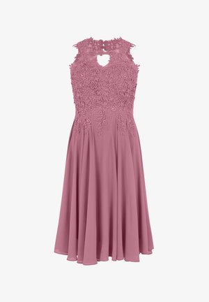 Ärmelloses Kleid in staubrosé mit floraler Spitzenoberseite, Ausschnitt mit Schlüsselloch, fließendem Chiffonrock, knielang.