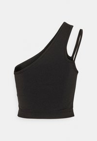 Top corto senza maniche nero con scollatura asimmetrica, realizzato in un tessuto morbido e elasticizzato, caratterizzato da sottili spalline regolabili e una vestibilità aderente.