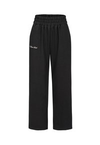 Black sweatpants with a relaxed fit, elastic waistband, and logo embroidery on the left side. Made from soft, textured fabric.