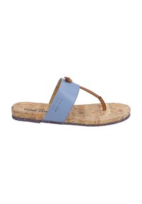 Blue leather sandals with cork footbed, thin brown straps, and a textured sole. Features a slight curve and multi-colored edge detail.