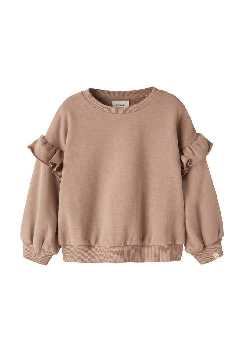 Roze sweatshirt met ruches aan de mouwen, een ronde hals en geribbelde manchetten. Gemaakt van zachte stof met een gladde textuur. Casual ontwerp.