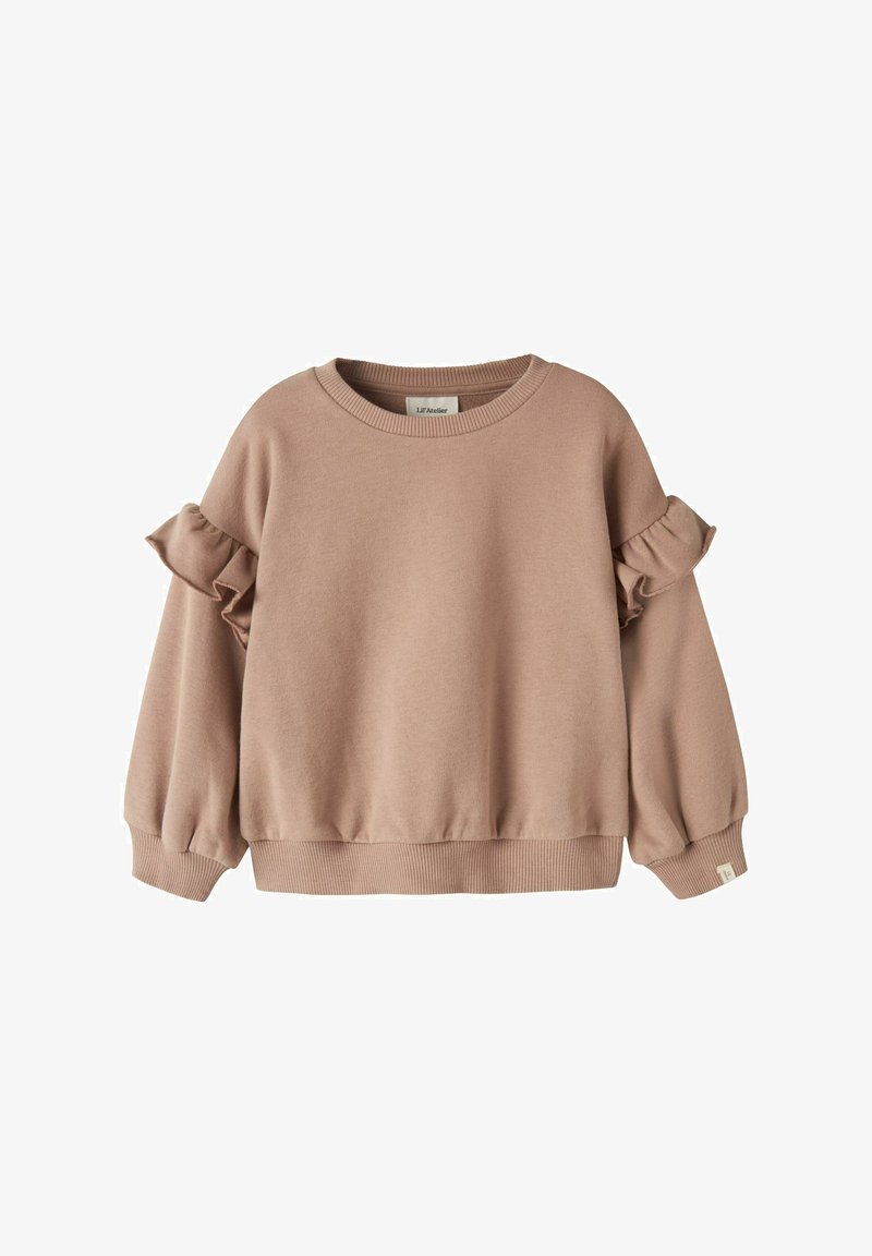 Roze sweatshirt met ruches aan de mouwen, een ronde hals en geribbelde manchetten. Gemaakt van zachte stof met een gladde textuur. Casual ontwerp.