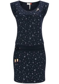 Mörkblå klänning med ett mönster av palmer och surfbrädor. Tillverkad av mjukt material, har den korta ärmar och midja med dragsko och pärlprydnader.