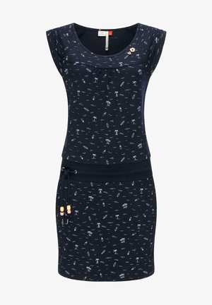 Granatowa sukienka z wzorem palm i desek surfingowych. Wykonana z miękkiej tkaniny, ma rękawy krótki oraz regulowany pas ze sznureczkiem i akcentami w postaci koralików.