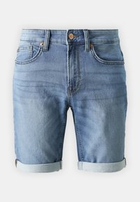 Lichtblauwe denimshorts met opgerolde zomen, vijf-pocket ontwerp, metalen knoopsluiting en subtiele vervagingdetails.