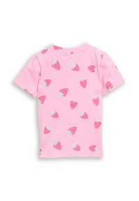 Rosa Baumwoll-T-Shirt mit kurzen Ärmeln und einem ganzflächigen Erdbeerdruck in Rosatönen und hellgrünen Akzenten.