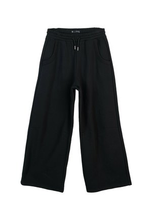 Czarne szerokie spodnie z elastyczną talią na sznurek, dwoma przednimi kieszeniami oraz gładkim, miękkim materiałem. Idealne do codziennych stylizacji.