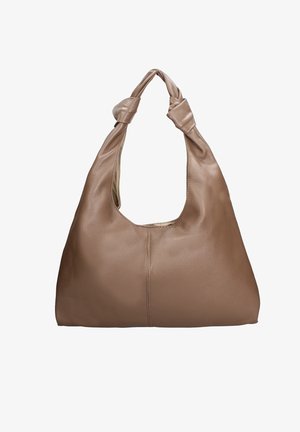 Borsa a tracolla in morbido cuoio marrone con manico annodato e superficie semplice e liscia.