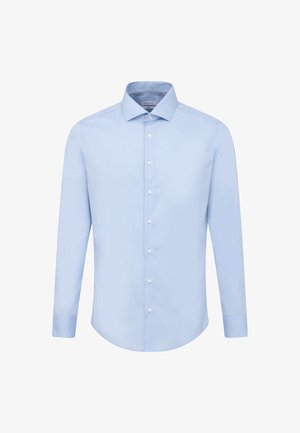 Lyseblå langærmet skjorte lavet af glat stof, med klassisk krave og knaplukning, samt buet kant og knappede manchetter.