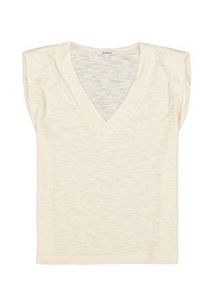 Crèmekleurige V-hals top met korte mouwen, gemaakt van gestructureerde stof met een subtiel, horizontaal gestreept patroon.