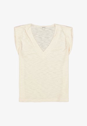 Haut de couleur crème à col en V avec manches courtes, fabriqué dans un tissu texturé présentant un motif subtil à rayures horizontales.