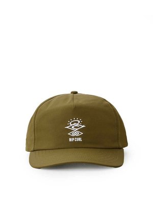 Olive green cap made of soft fabric, featuring a curved brim and embroidered white logo with design elements on the front.