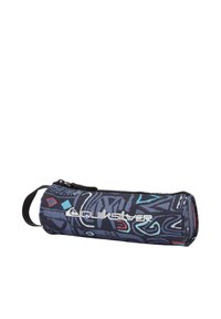 Quiksilver etui in marineblauw met abstracte patronen in rood en turquoise. Cilindrische vorm, ritsluiting en een zijhandvat.