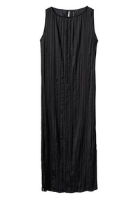 Vestido maxi sin mangas negro con un diseño plisado texturizado, color sólido y escote sencillo. Llega recto hasta el tobillo.