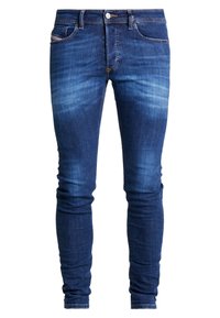 Donkerblauwe skinny jeans van denim, met een klassieke vijf-pocketdesign, subtiele vervaging en metalen knoopsluiting bij de tailleband.