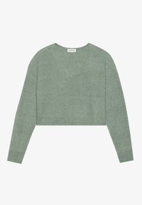 Pull court en tricot vert clair avec un col en V, des manches longues et une texture côtelée. Pas de motifs ou de détails métalliques visibles.