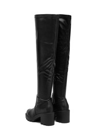 Cizme lungi din piele neagră cu toc bloc și tălpi cu crampoane, prezentate din spate și lateral pe un fundal alb.