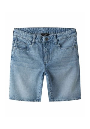 Light blue denim shorts featuring a classic cut, five pockets, and a button closure with a stitched waistband. Smooth texture with faded finish.