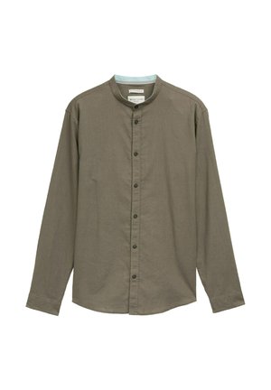 Brown long-sleeve shirt with a mandarin collar, button front, and subtle texture. Features dark buttons and a light blue inner collar.