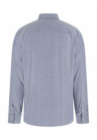 Langarmhemd aus hellblauem Stoff mit wiederholtem weißen geometrischem Muster. Verfügt über einen spitzen Kragen und geknöpfte Manschetten.