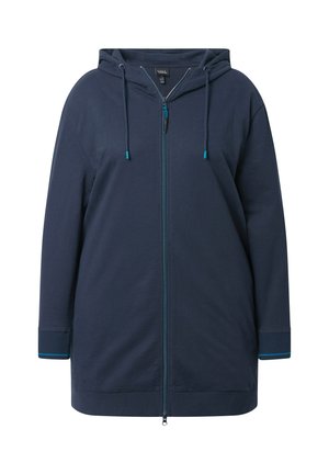 Granatowa rozpinana bluza z miękkiego materiału, z kapturem na sznurku, ściągaczami na rękawach oraz kontrastowym niebieskim zamek.