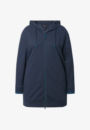 Marineblå zip-up hættejakke lavet af blødt materiale, med snøre i hætten, ribbede manchetter og en kontrasterende blå lynlåsdetalje.